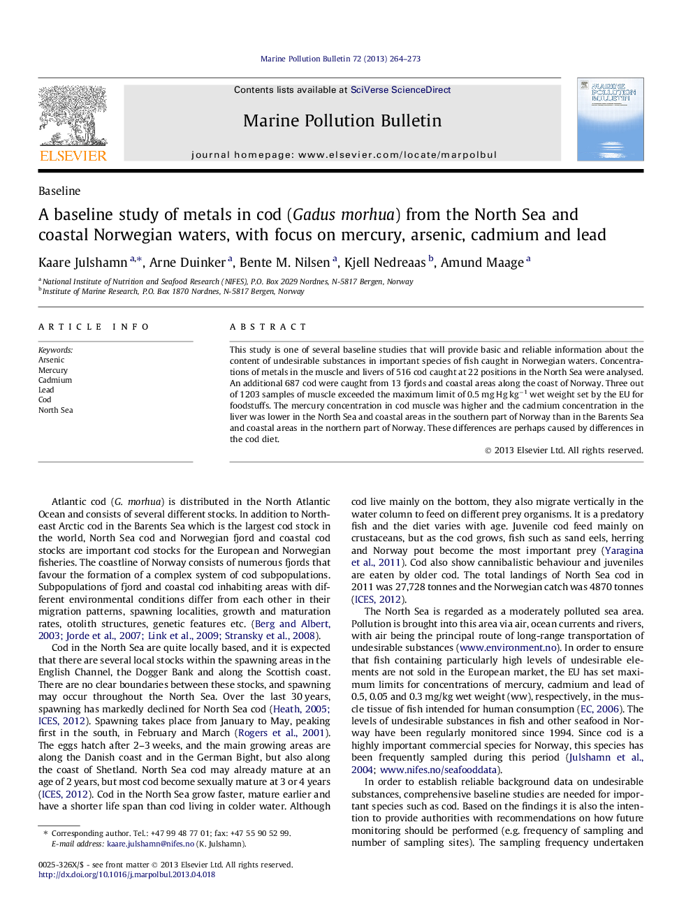 A baseline study of metals in cod (Gadus morhua) from the North Sea and coastal Norwegian waters, with focus on mercury, arsenic, cadmium and lead