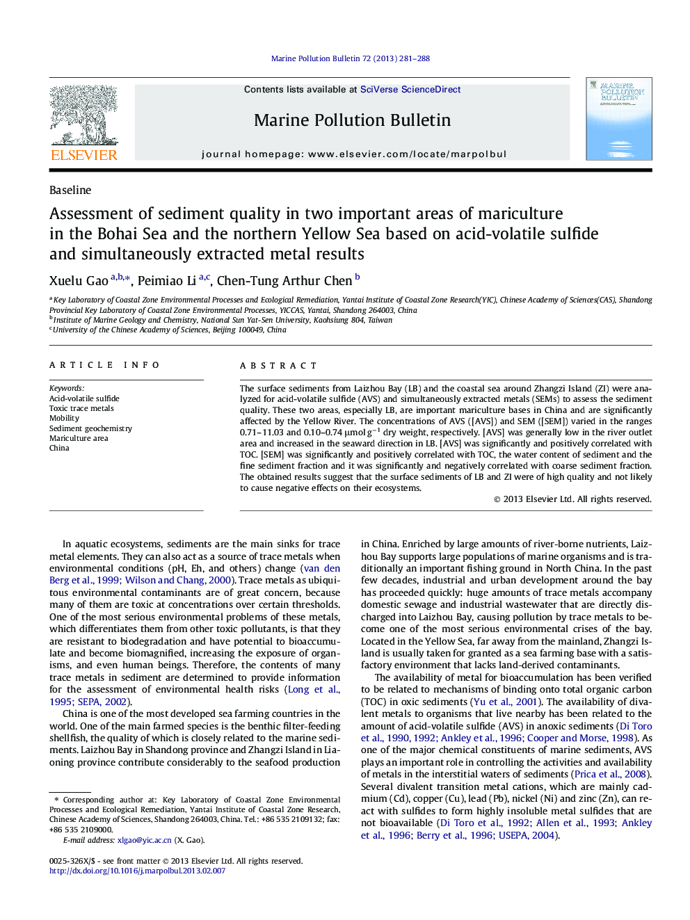 Assessment of sediment quality in two important areas of mariculture in the Bohai Sea and the northern Yellow Sea based on acid-volatile sulfide and simultaneously extracted metal results