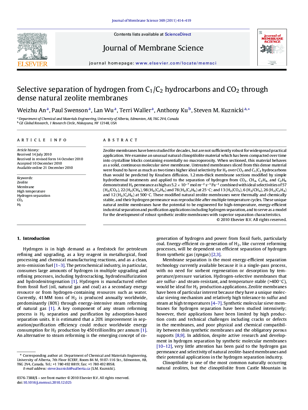 Selective separation of hydrogen from C1/C2 hydrocarbons and CO2 through dense natural zeolite membranes