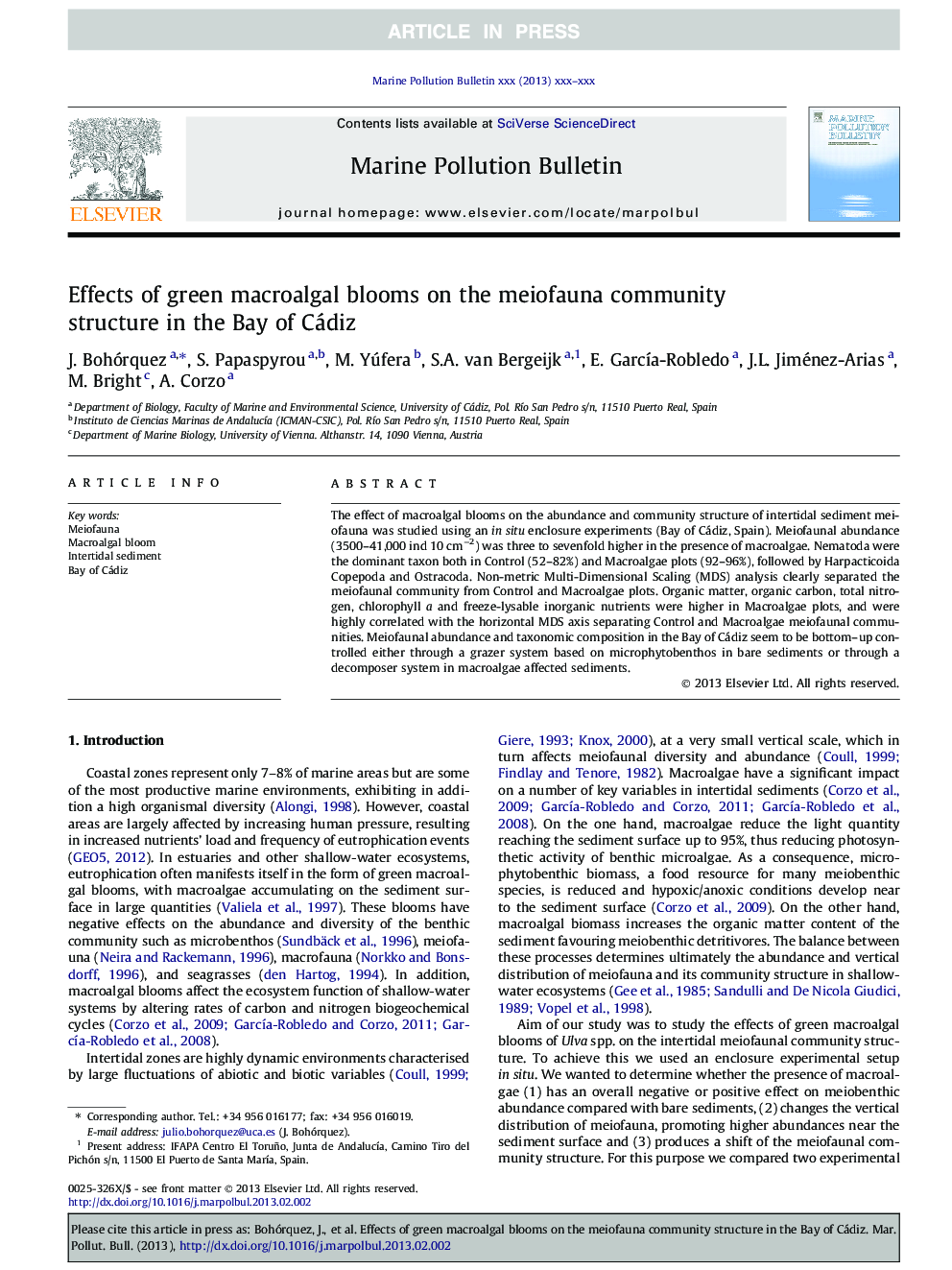 Effects of green macroalgal blooms on the meiofauna community structure in the Bay of Cádiz