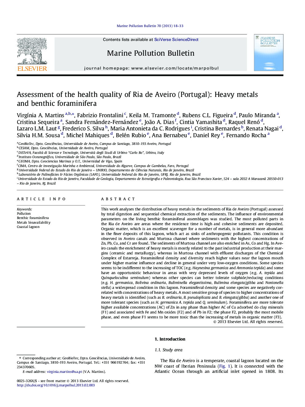 Assessment of the health quality of Ria de Aveiro (Portugal): Heavy metals and benthic foraminifera