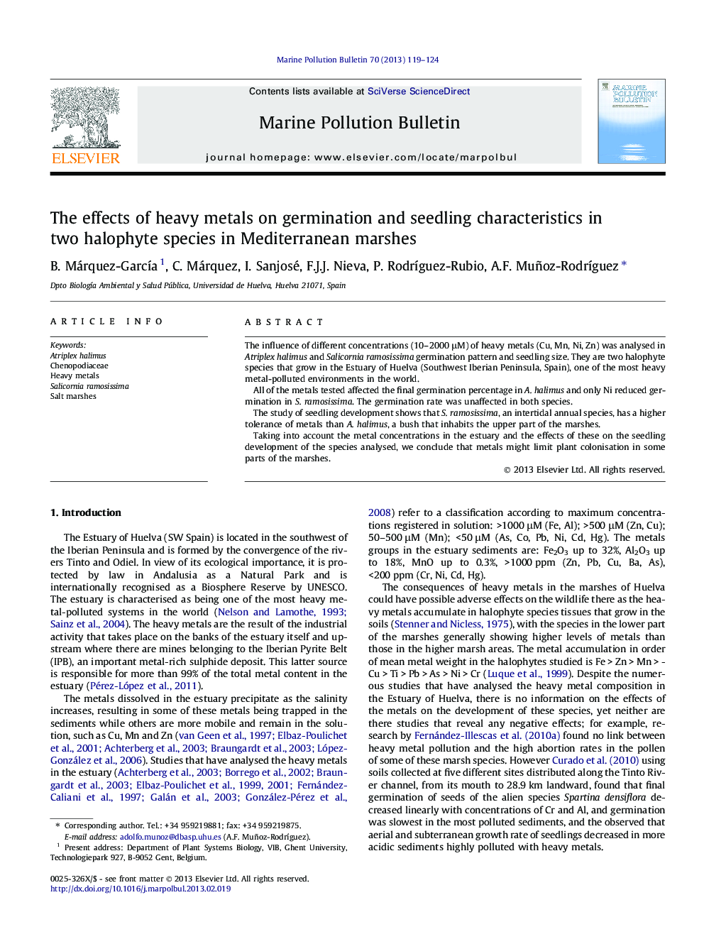 The effects of heavy metals on germination and seedling characteristics in two halophyte species in Mediterranean marshes