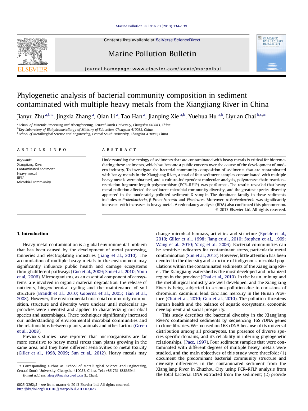 Phylogenetic analysis of bacterial community composition in sediment contaminated with multiple heavy metals from the Xiangjiang River in China