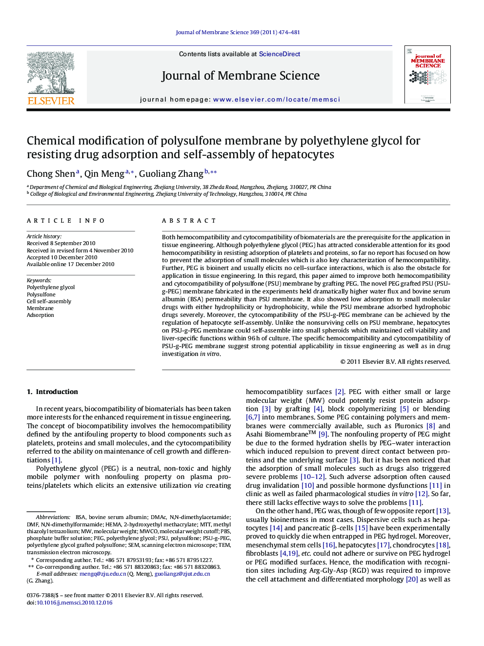 Chemical modification of polysulfone membrane by polyethylene glycol for resisting drug adsorption and self-assembly of hepatocytes