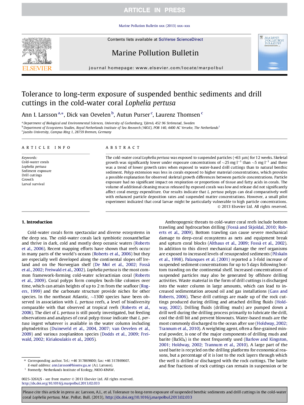 Tolerance to long-term exposure of suspended benthic sediments and drill cuttings in the cold-water coral Lophelia pertusa