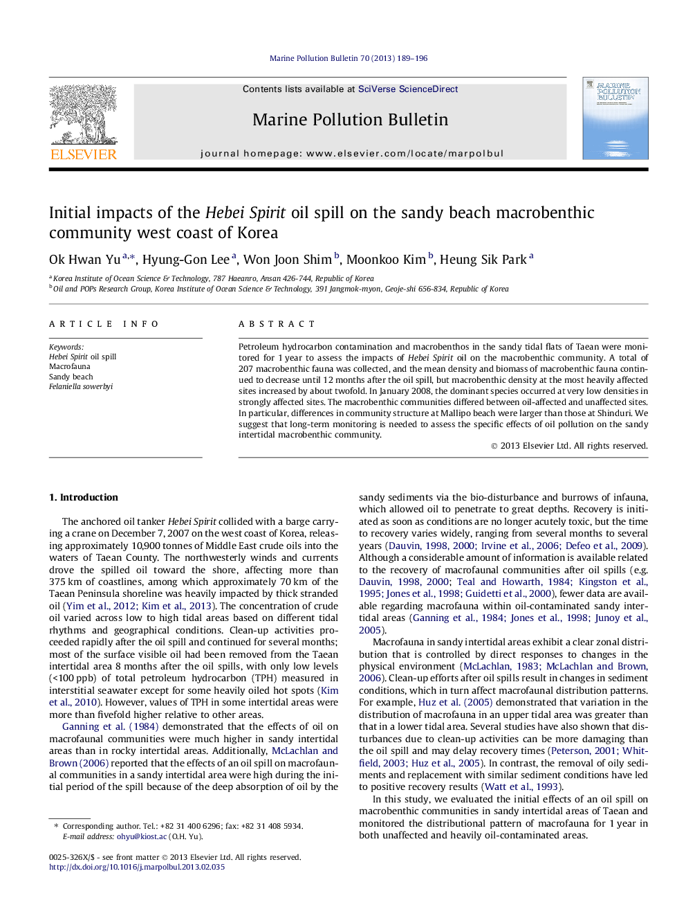 Initial impacts of the Hebei Spirit oil spill on the sandy beach macrobenthic community west coast of Korea