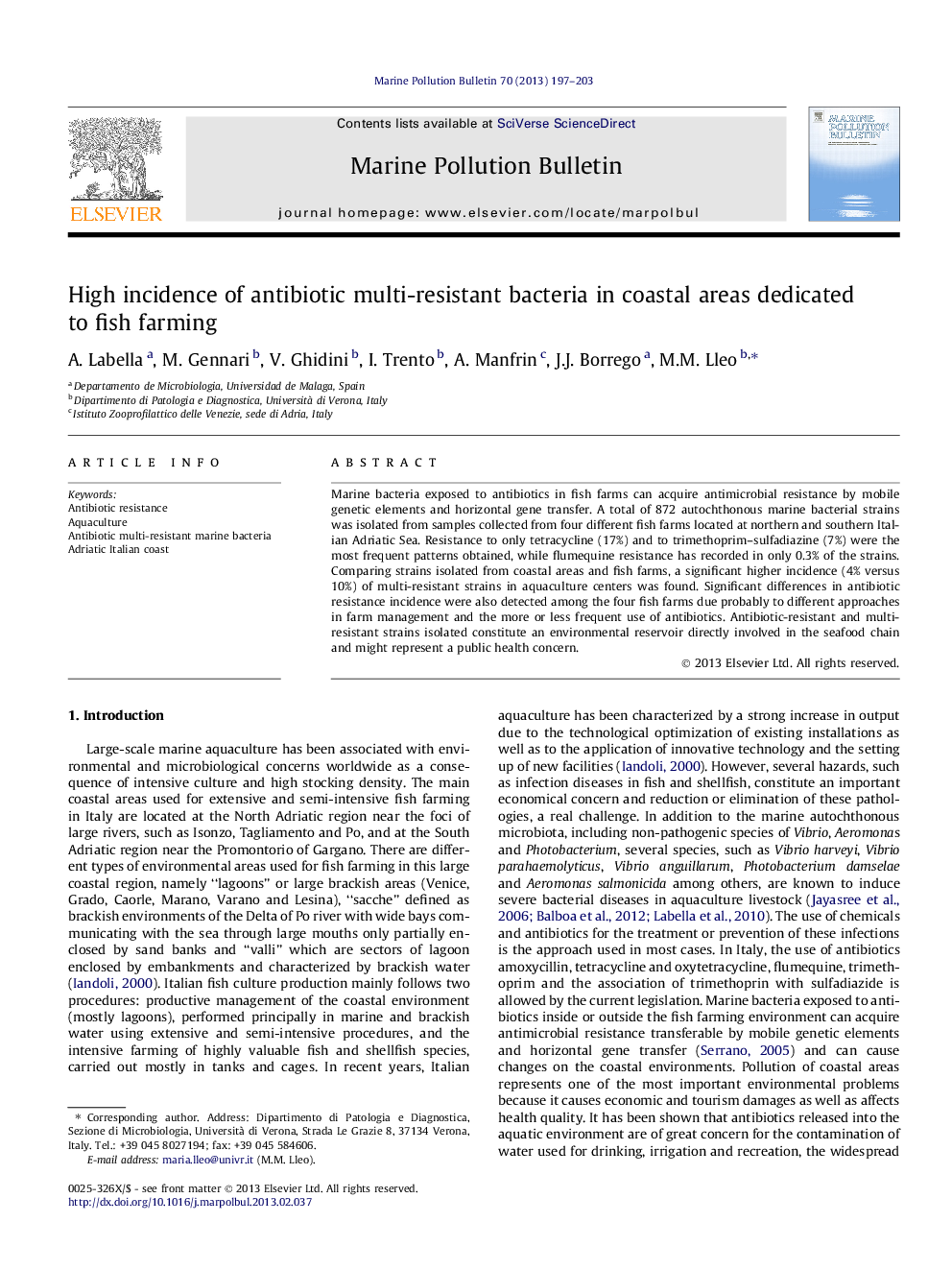 High incidence of antibiotic multi-resistant bacteria in coastal areas dedicated to fish farming