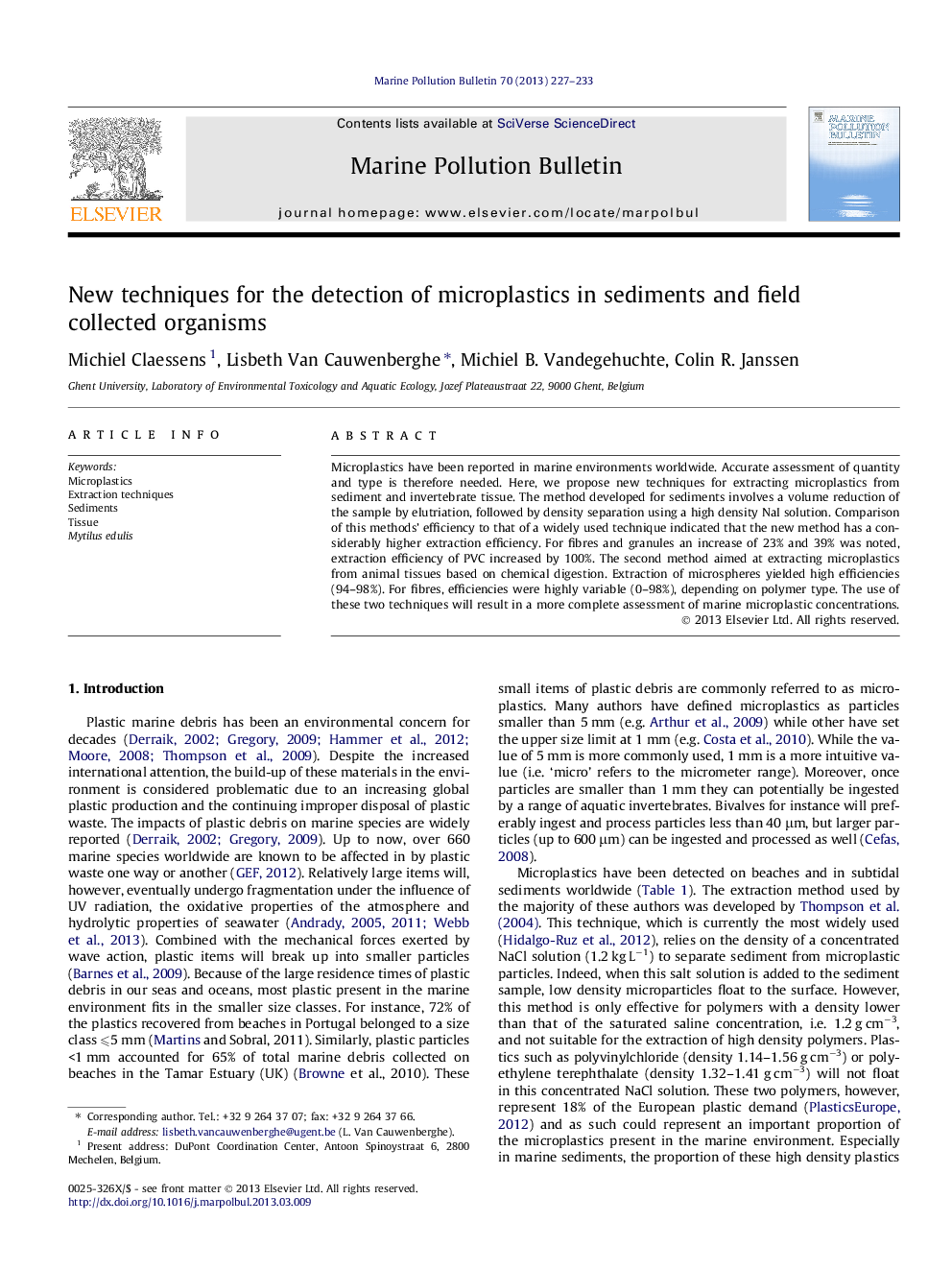 New techniques for the detection of microplastics in sediments and field collected organisms