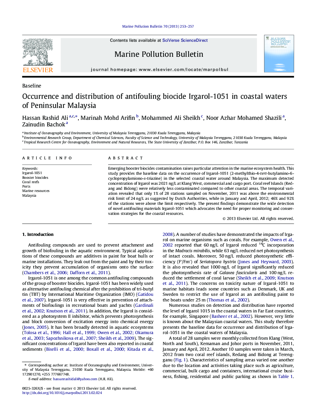 Occurrence and distribution of antifouling biocide Irgarol-1051 in coastal waters of Peninsular Malaysia