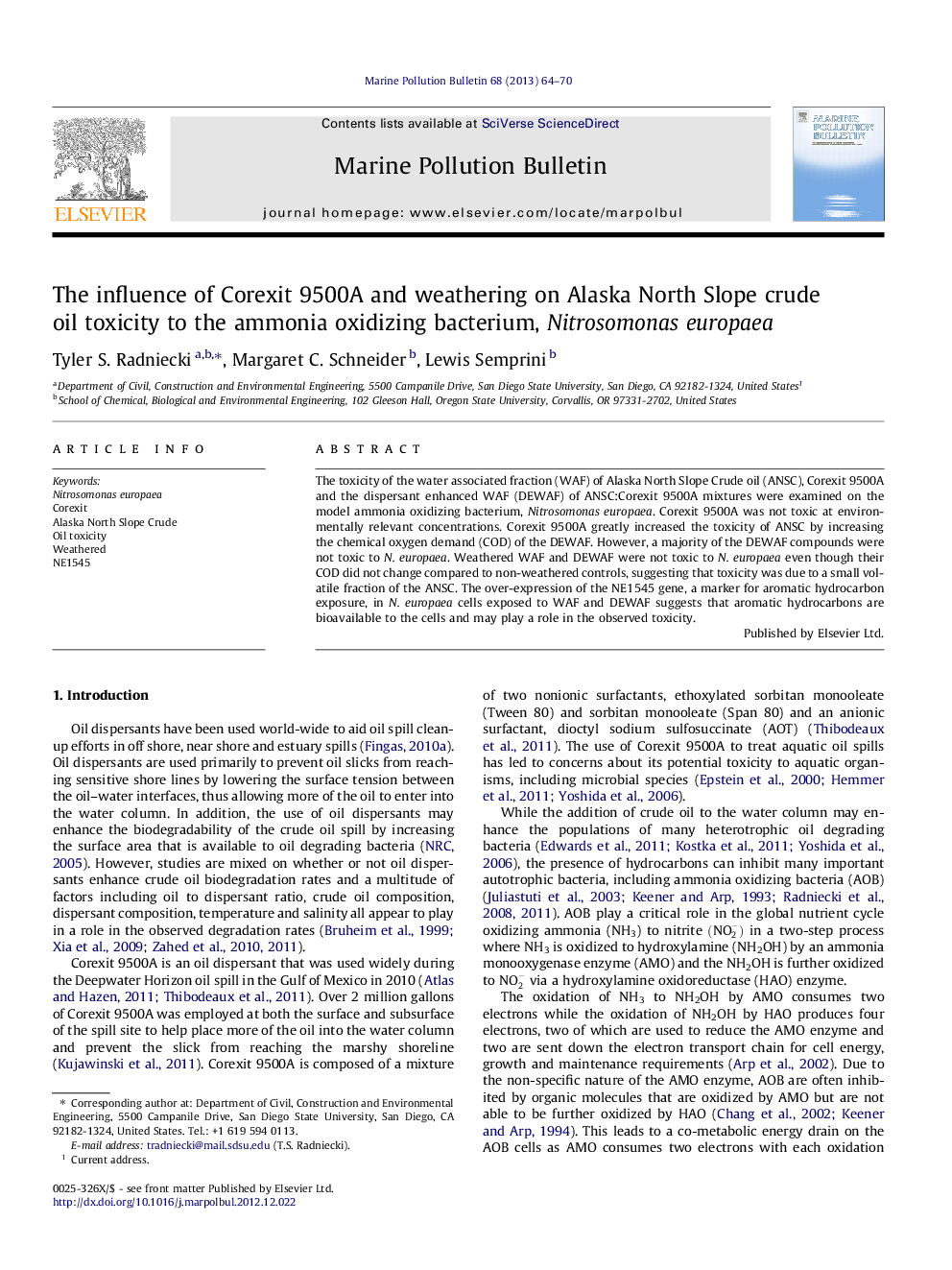 The influence of Corexit 9500A and weathering on Alaska North Slope crude oil toxicity to the ammonia oxidizing bacterium, Nitrosomonas europaea