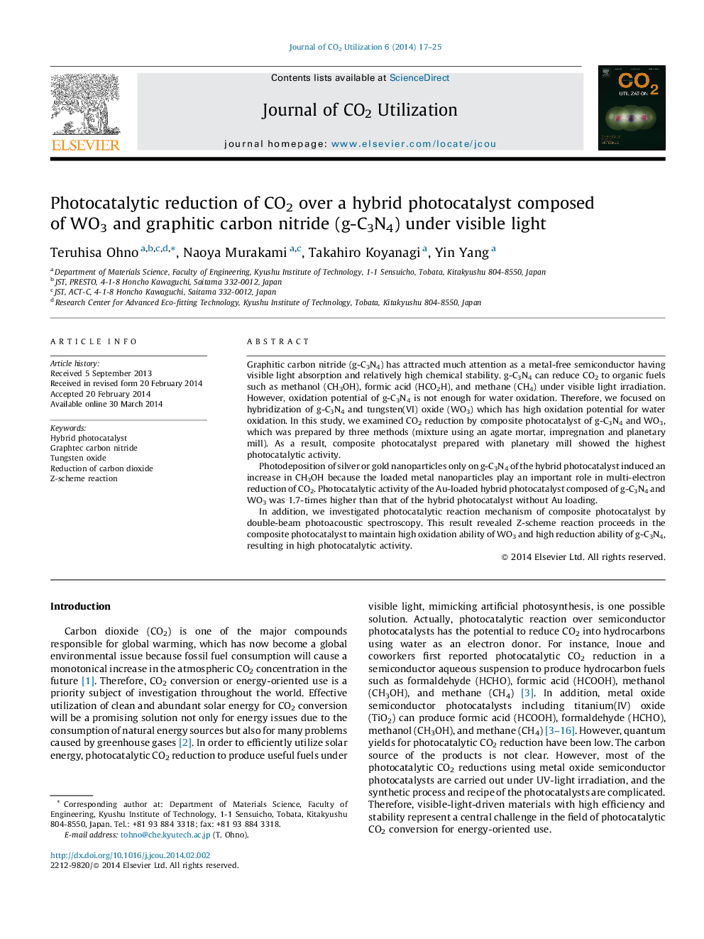 Photocatalytic reduction of CO2 over a hybrid photocatalyst composed of WO3 and graphitic carbon nitride (g-C3N4) under visible light