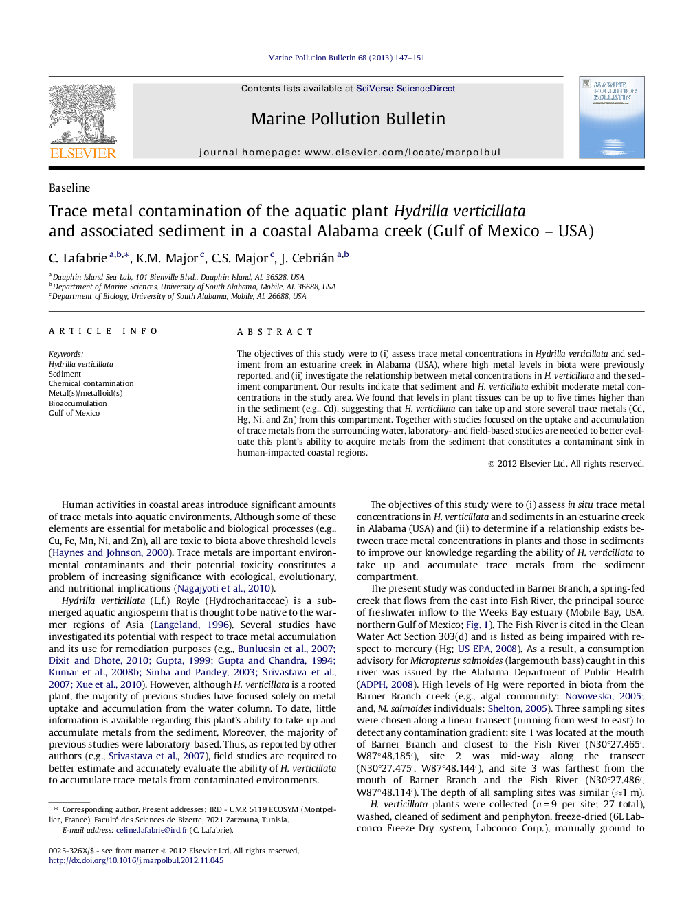 Trace metal contamination of the aquatic plant Hydrilla verticillata and associated sediment in a coastal Alabama creek (Gulf of Mexico - USA)