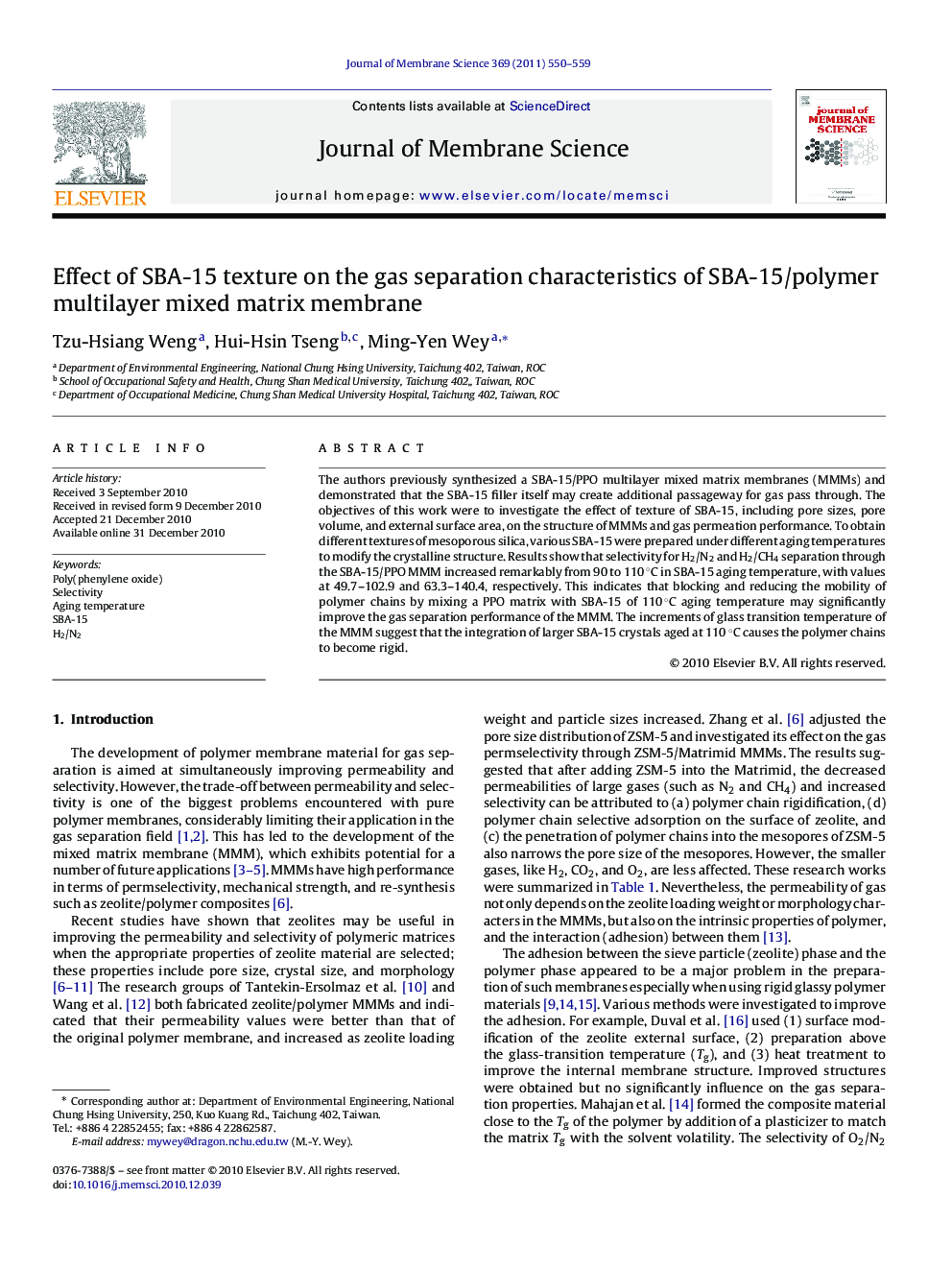 Effect of SBA-15 texture on the gas separation characteristics of SBA-15/polymer multilayer mixed matrix membrane