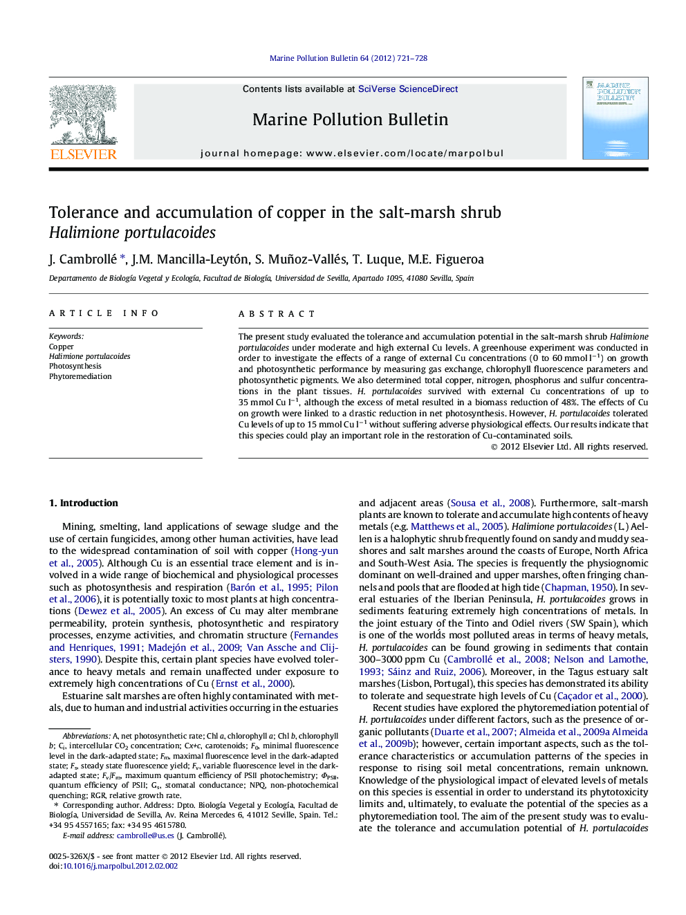 Tolerance and accumulation of copper in the salt-marsh shrub Halimione portulacoides