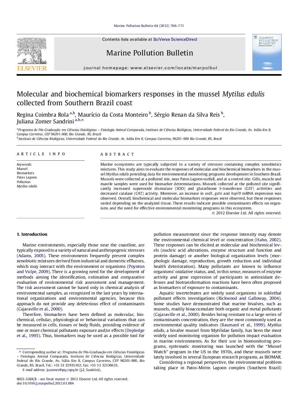 Molecular and biochemical biomarkers responses in the mussel Mytilus edulis collected from Southern Brazil coast