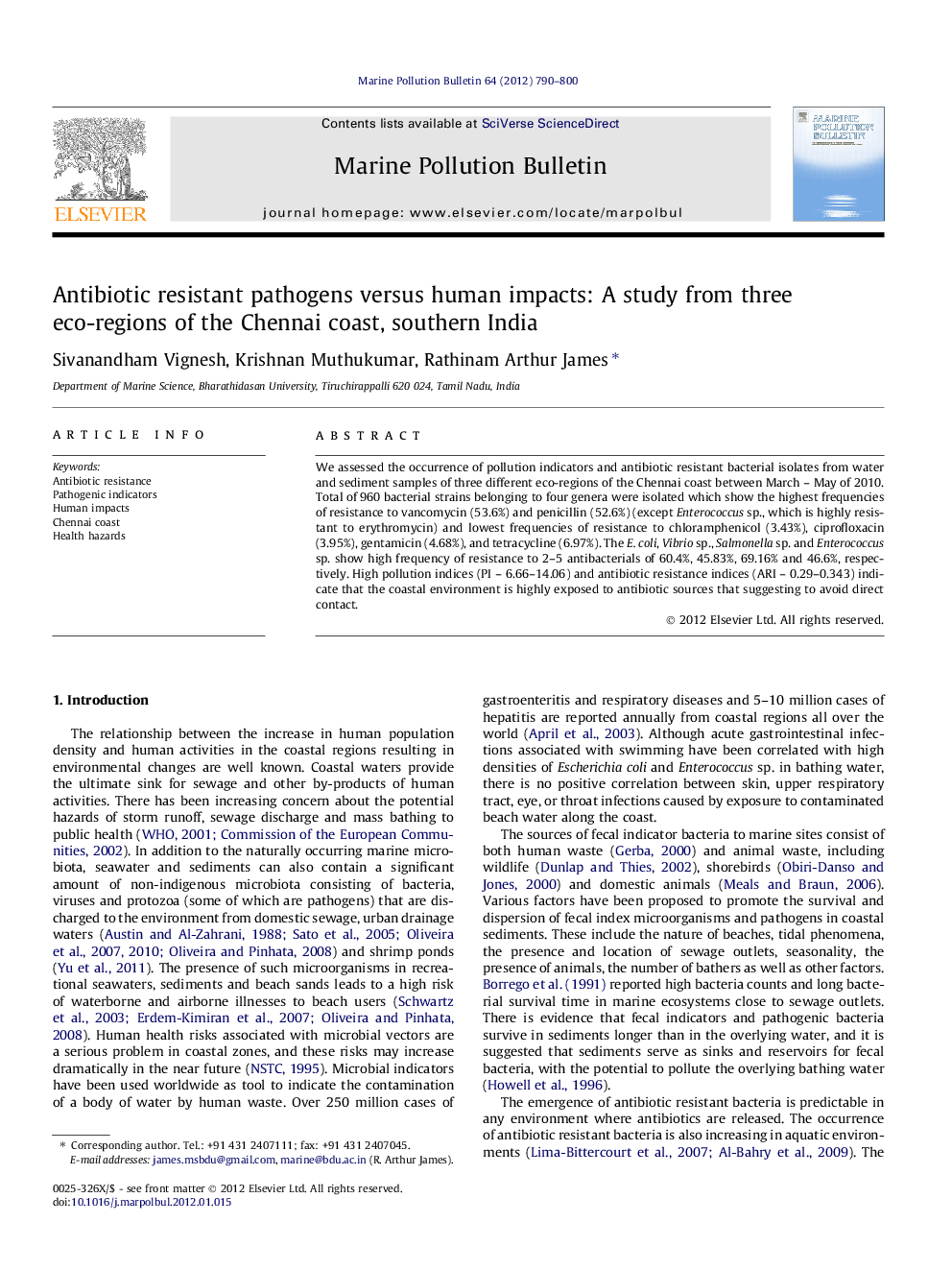 Antibiotic resistant pathogens versus human impacts: A study from three eco-regions of the Chennai coast, southern India