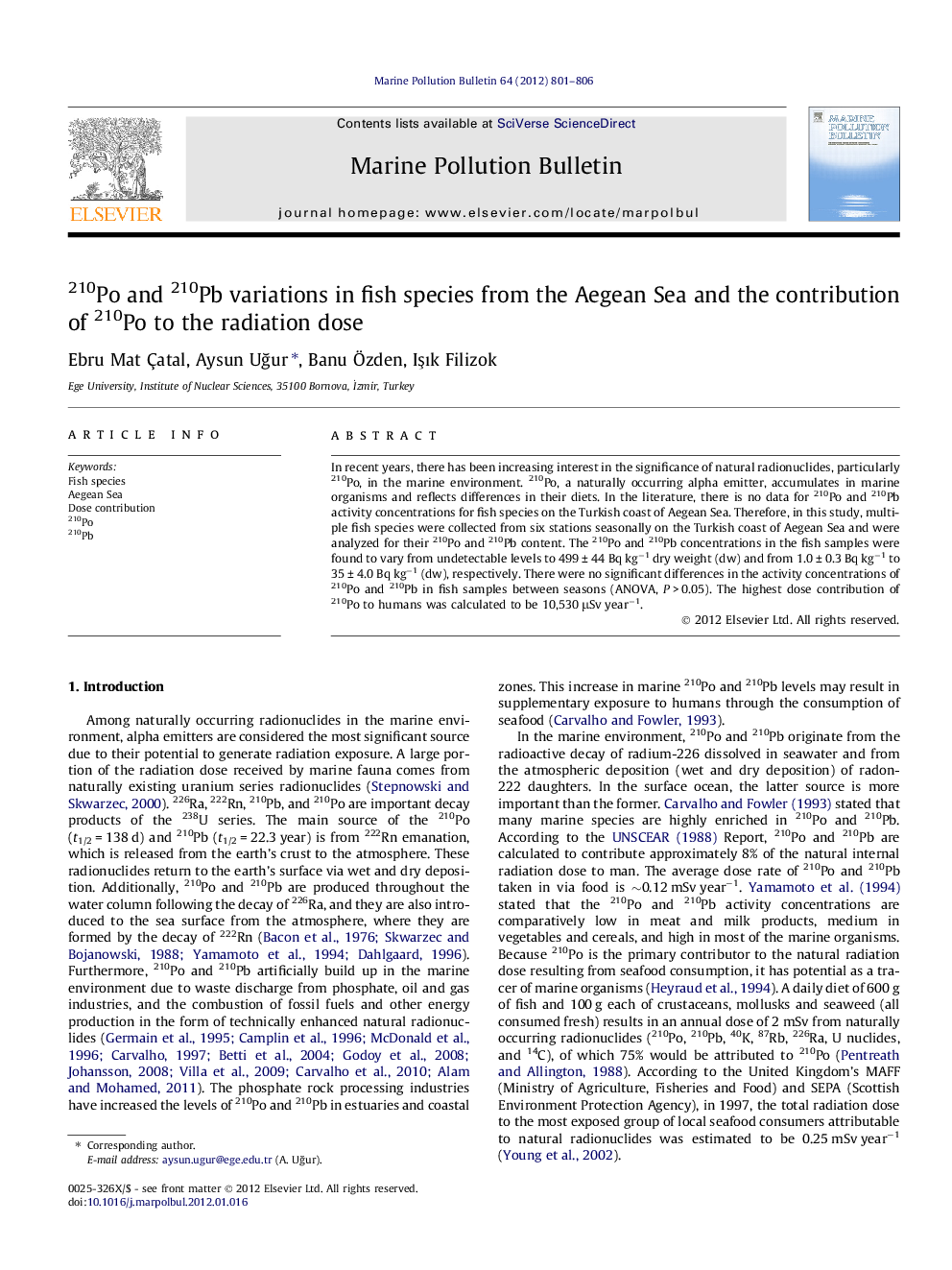 210Po and 210Pb variations in fish species from the Aegean Sea and the contribution of 210Po to the radiation dose