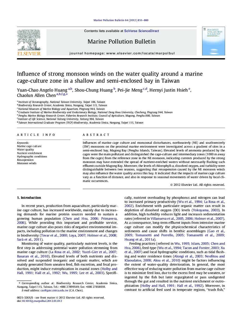 Influence of strong monsoon winds on the water quality around a marine cage-culture zone in a shallow and semi-enclosed bay in Taiwan