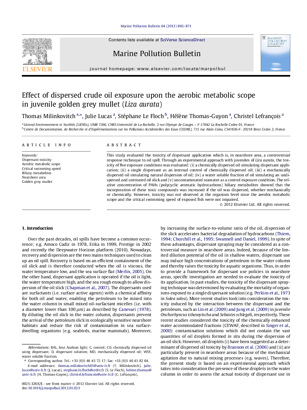 Effect of dispersed crude oil exposure upon the aerobic metabolic scope in juvenile golden grey mullet (Lizaaurata)