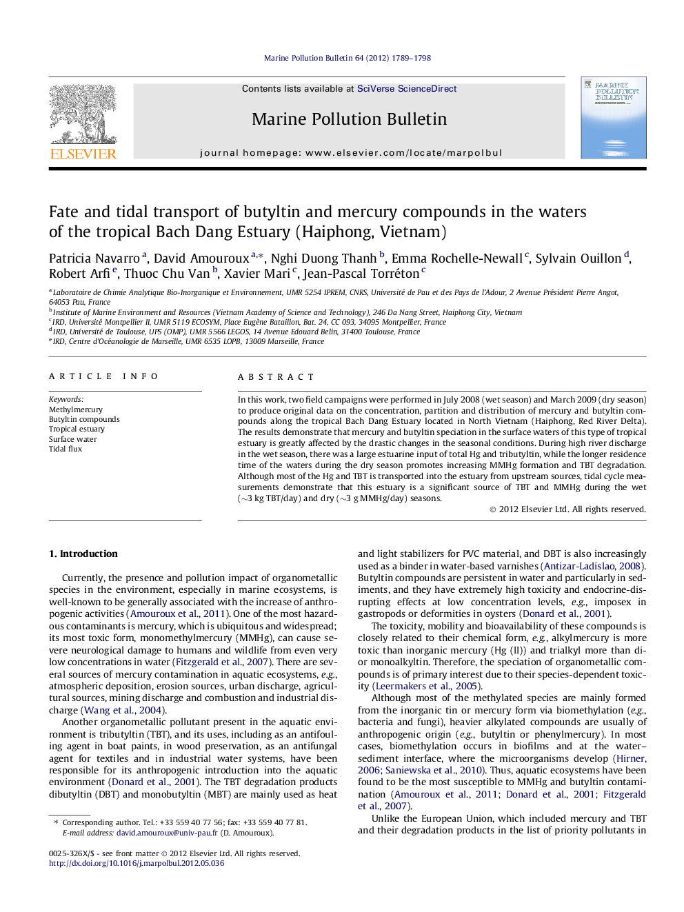 Fate and tidal transport of butyltin and mercury compounds in the waters of the tropical Bach Dang Estuary (Haiphong, Vietnam)