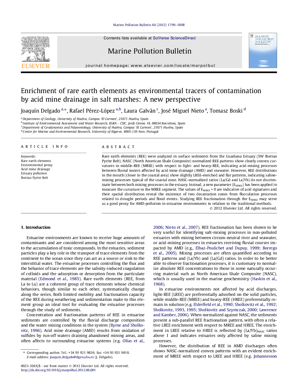 Enrichment of rare earth elements as environmental tracers of contamination by acid mine drainage in salt marshes: A new perspective