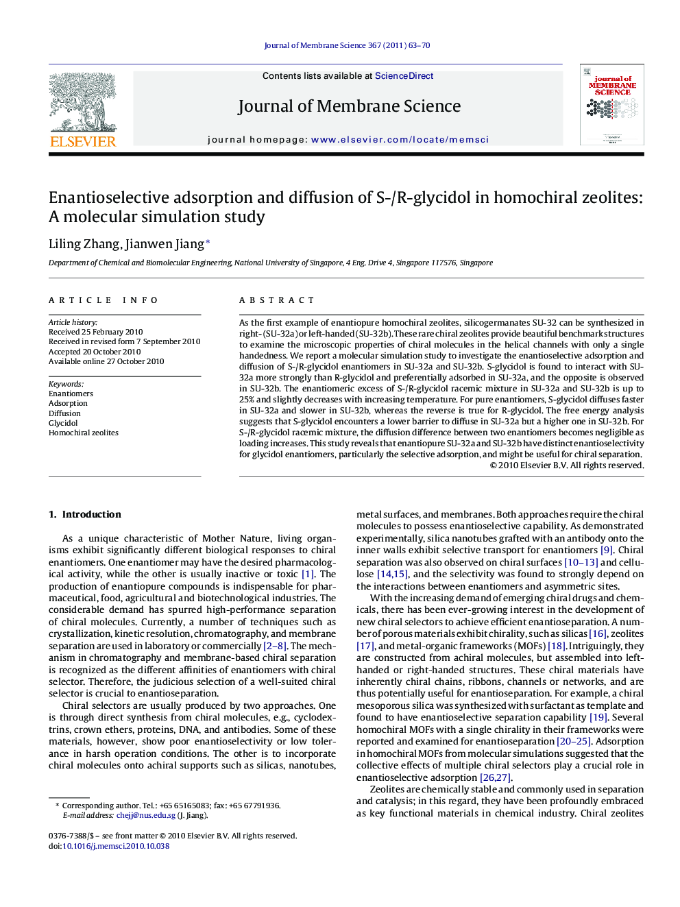 Enantioselective adsorption and diffusion of S-/R-glycidol in homochiral zeolites: A molecular simulation study