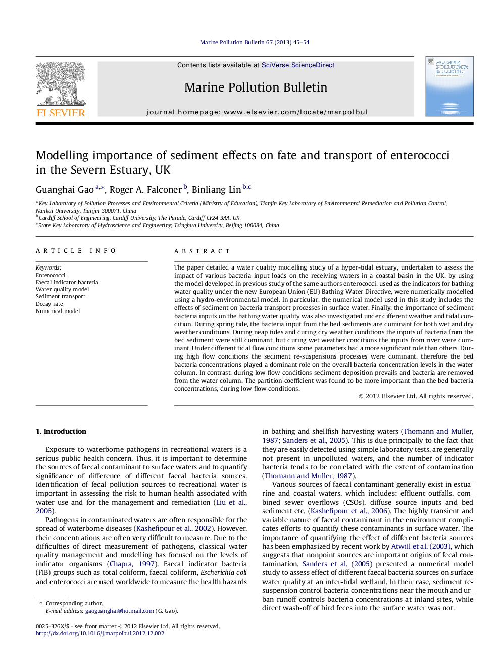 Modelling importance of sediment effects on fate and transport of enterococci in the Severn Estuary, UK