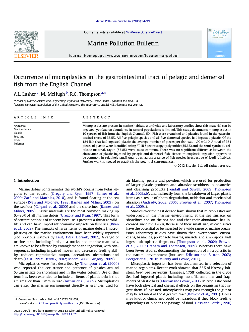 Occurrence of microplastics in the gastrointestinal tract of pelagic and demersal fish from the English Channel