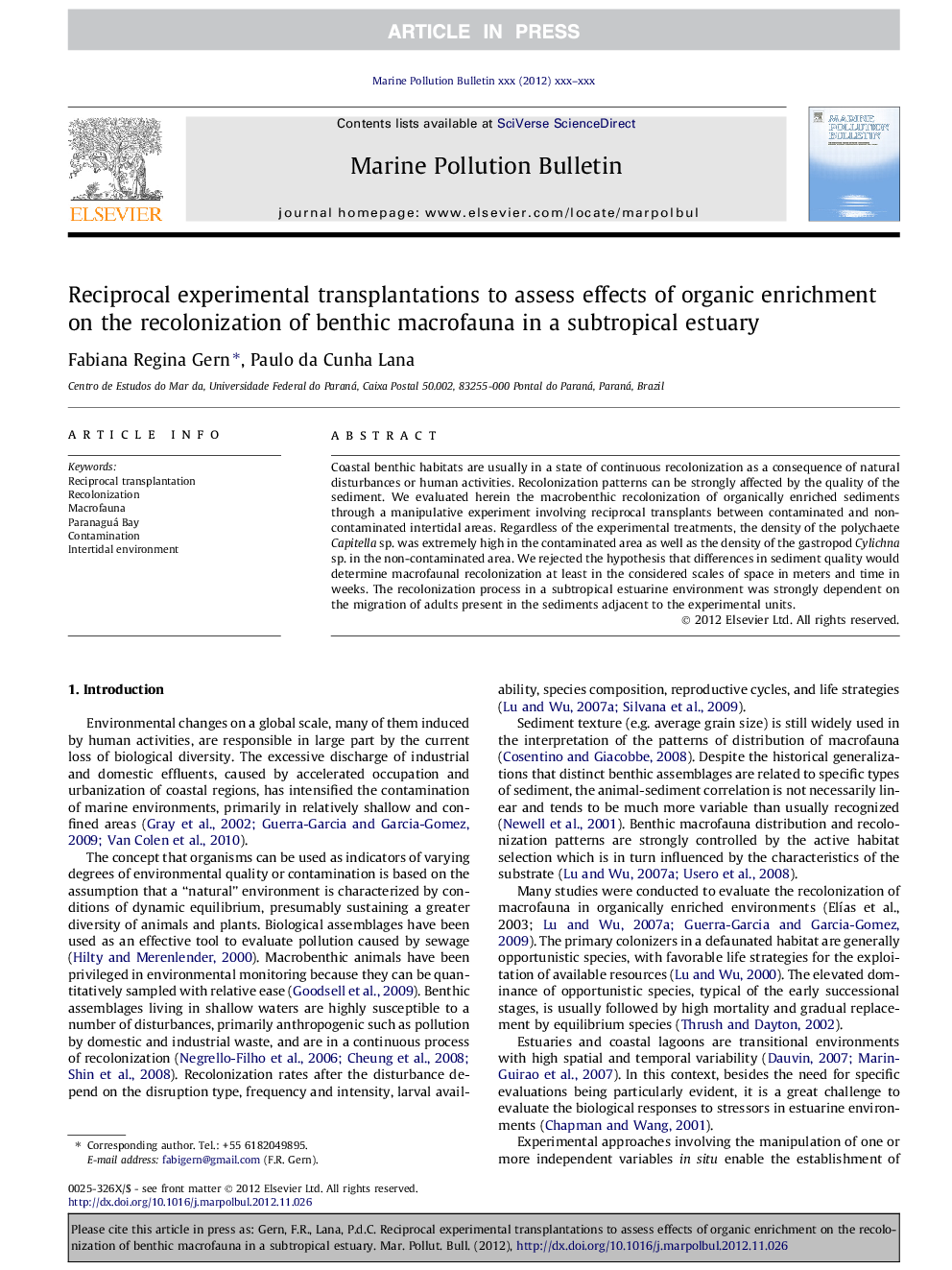 Reciprocal experimental transplantations to assess effects of organic enrichment on the recolonization of benthic macrofauna in a subtropical estuary