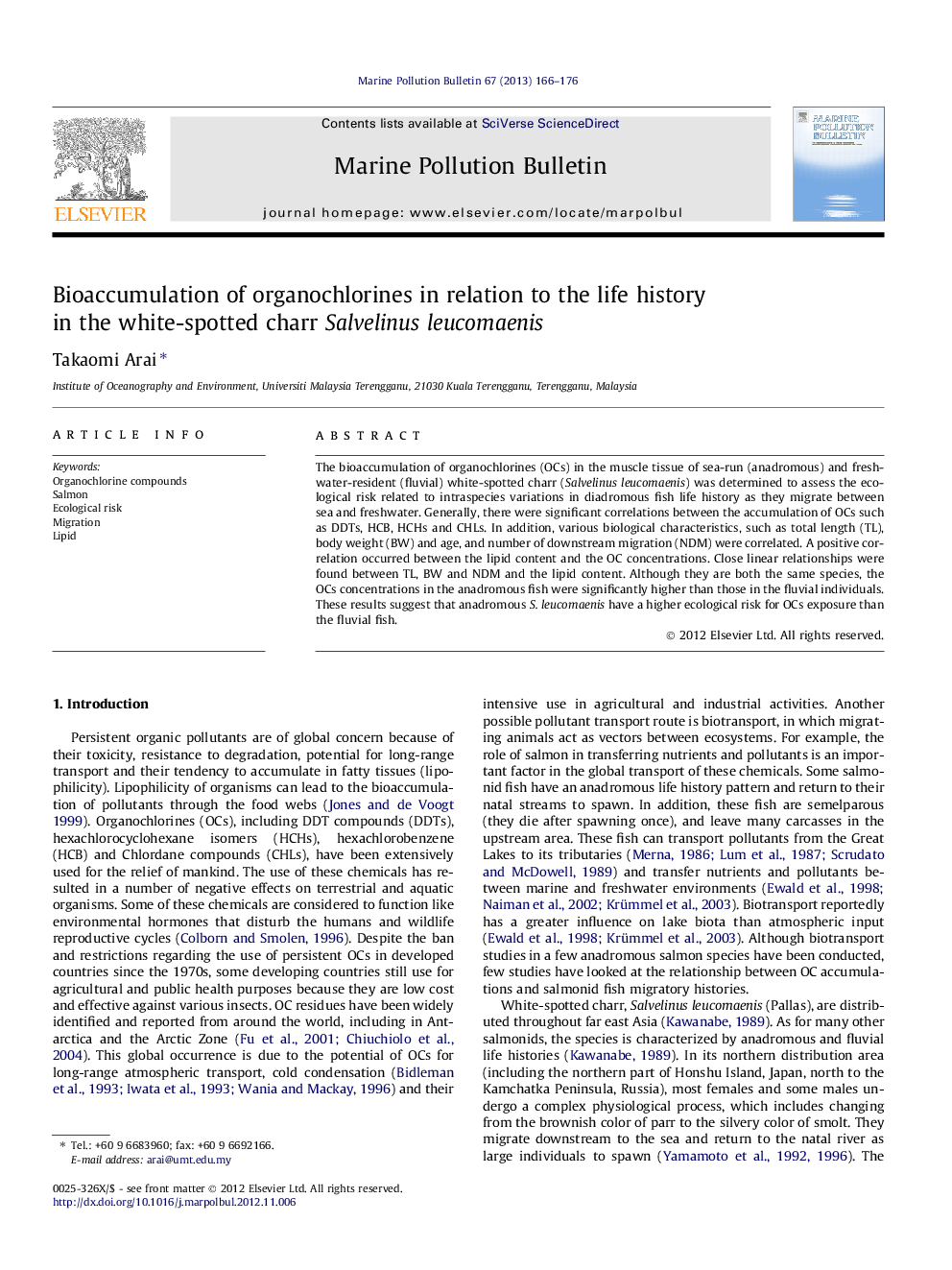 Bioaccumulation of organochlorines in relation to the life history in the white-spotted charr Salvelinus leucomaenis