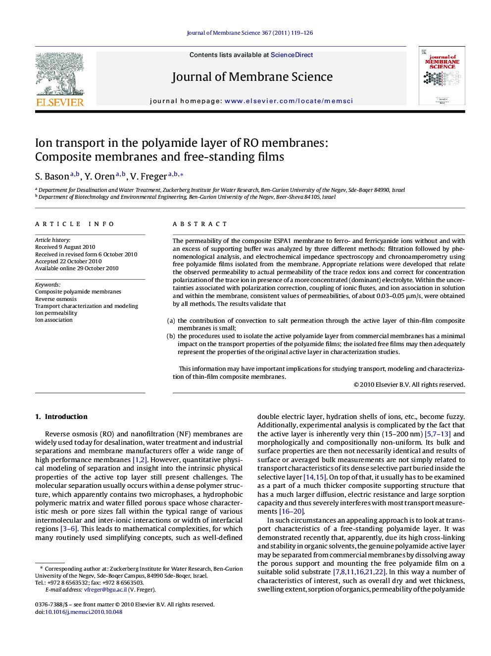 Ion transport in the polyamide layer of RO membranes: Composite membranes and free-standing films