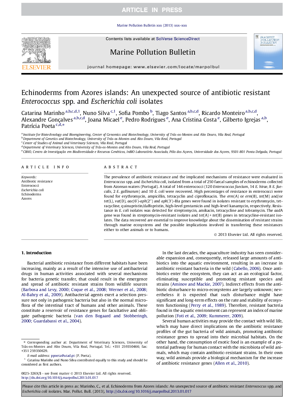 Echinoderms from Azores islands: An unexpected source of antibiotic resistant Enterococcus spp. and Escherichia coli isolates