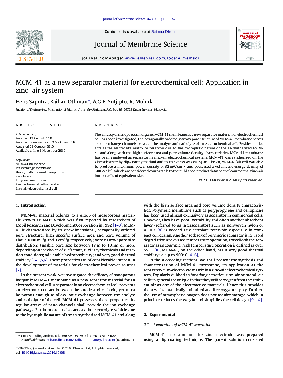 MCM-41 as a new separator material for electrochemical cell: Application in zinc–air system