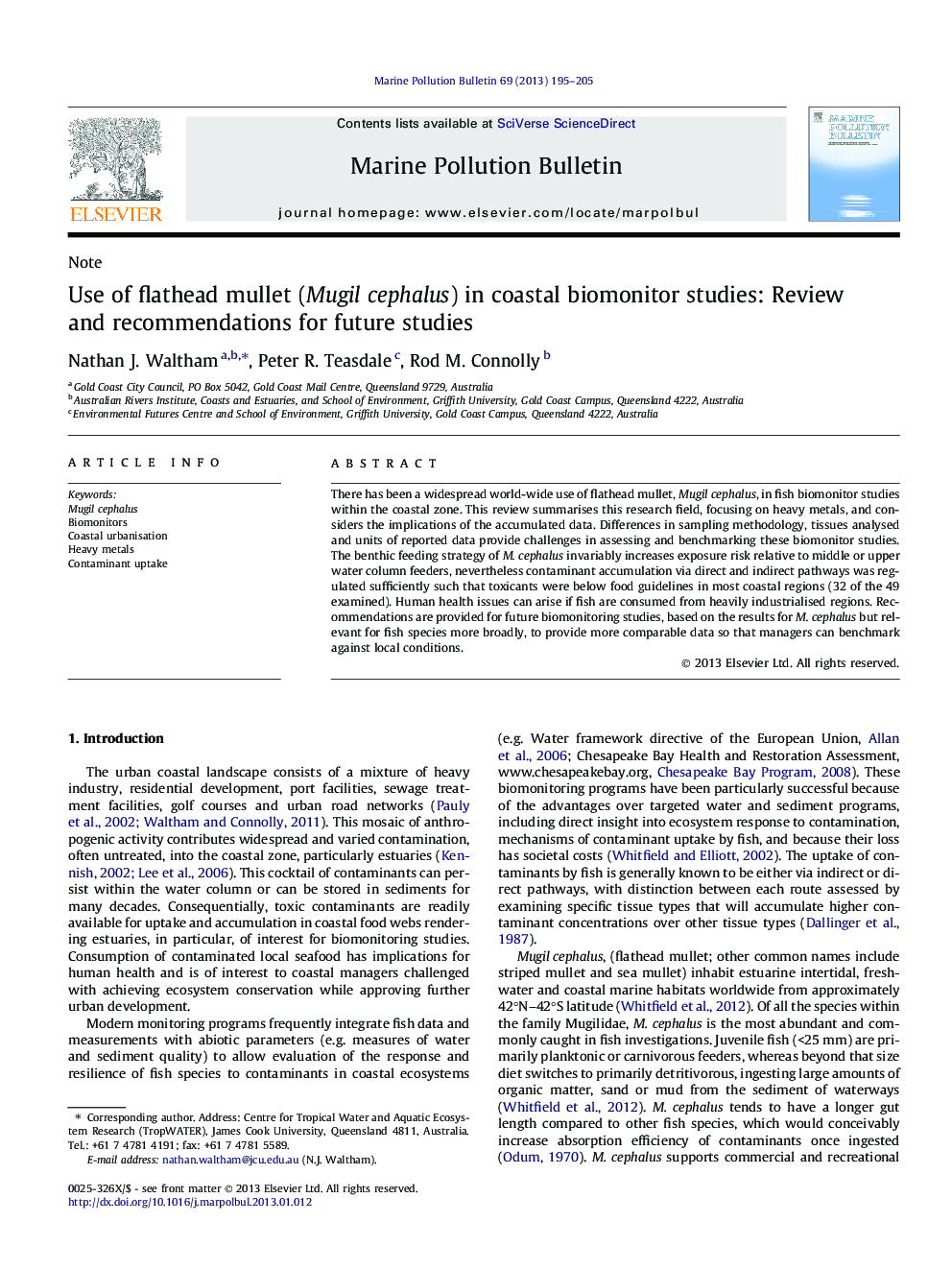 Use of flathead mullet (Mugil cephalus) in coastal biomonitor studies: Review and recommendations for future studies