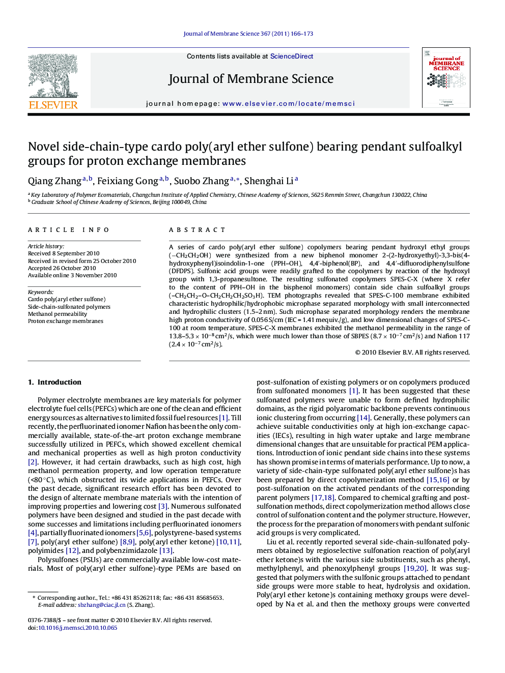 Novel side-chain-type cardo poly(aryl ether sulfone) bearing pendant sulfoalkyl groups for proton exchange membranes