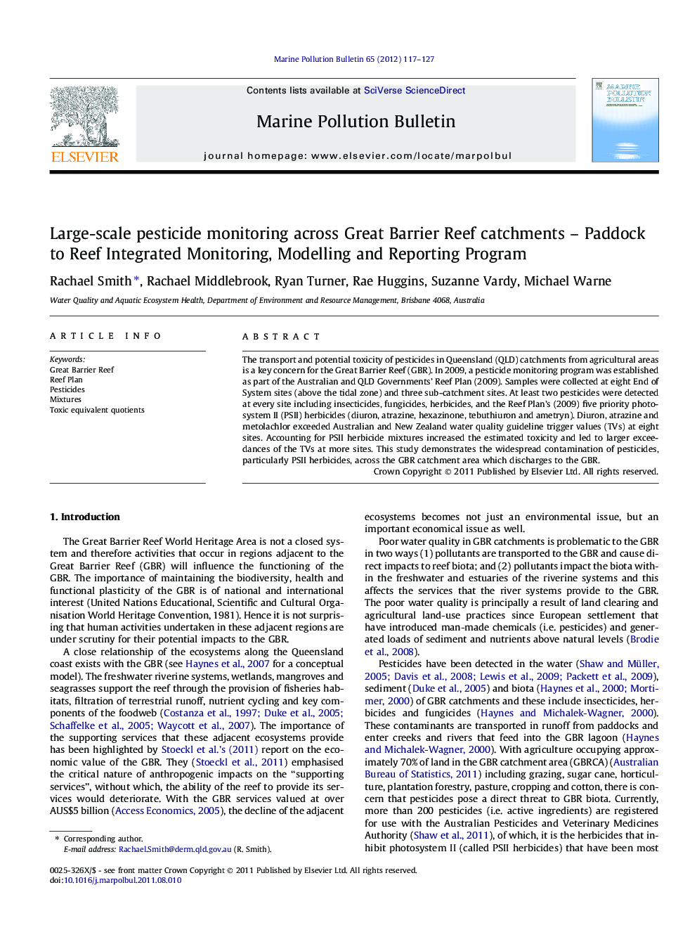 Large-scale pesticide monitoring across Great Barrier Reef catchments - Paddock to Reef Integrated Monitoring, Modelling and Reporting Program