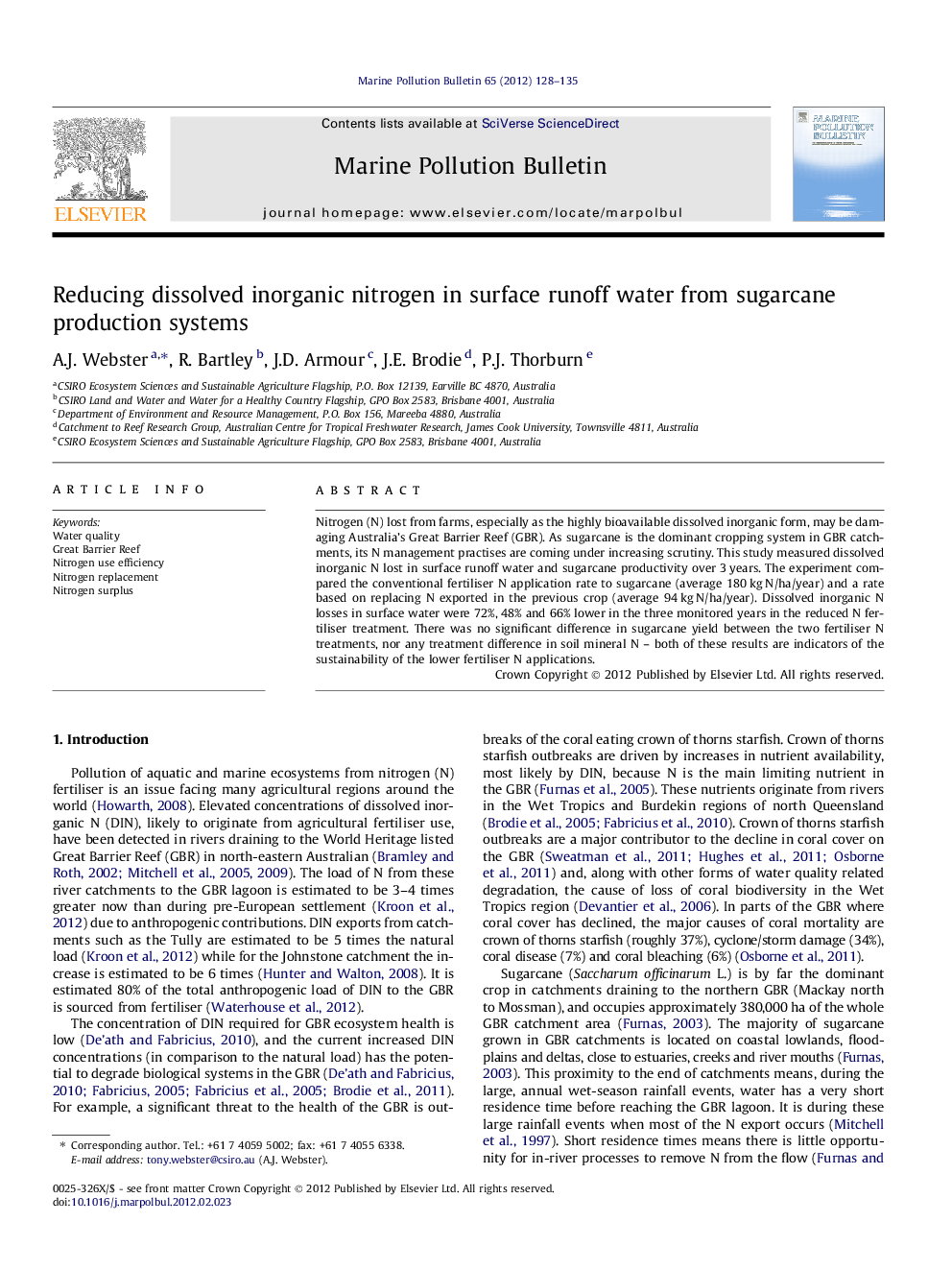 Reducing dissolved inorganic nitrogen in surface runoff water from sugarcane production systems