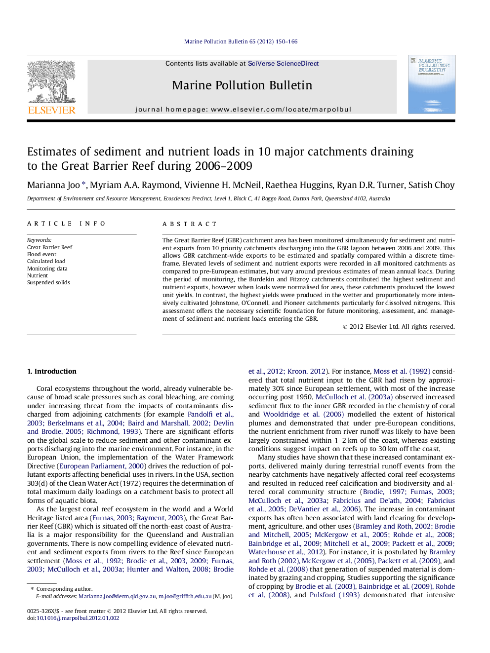 Estimates of sediment and nutrient loads in 10 major catchments draining to the Great Barrier Reef during 2006-2009