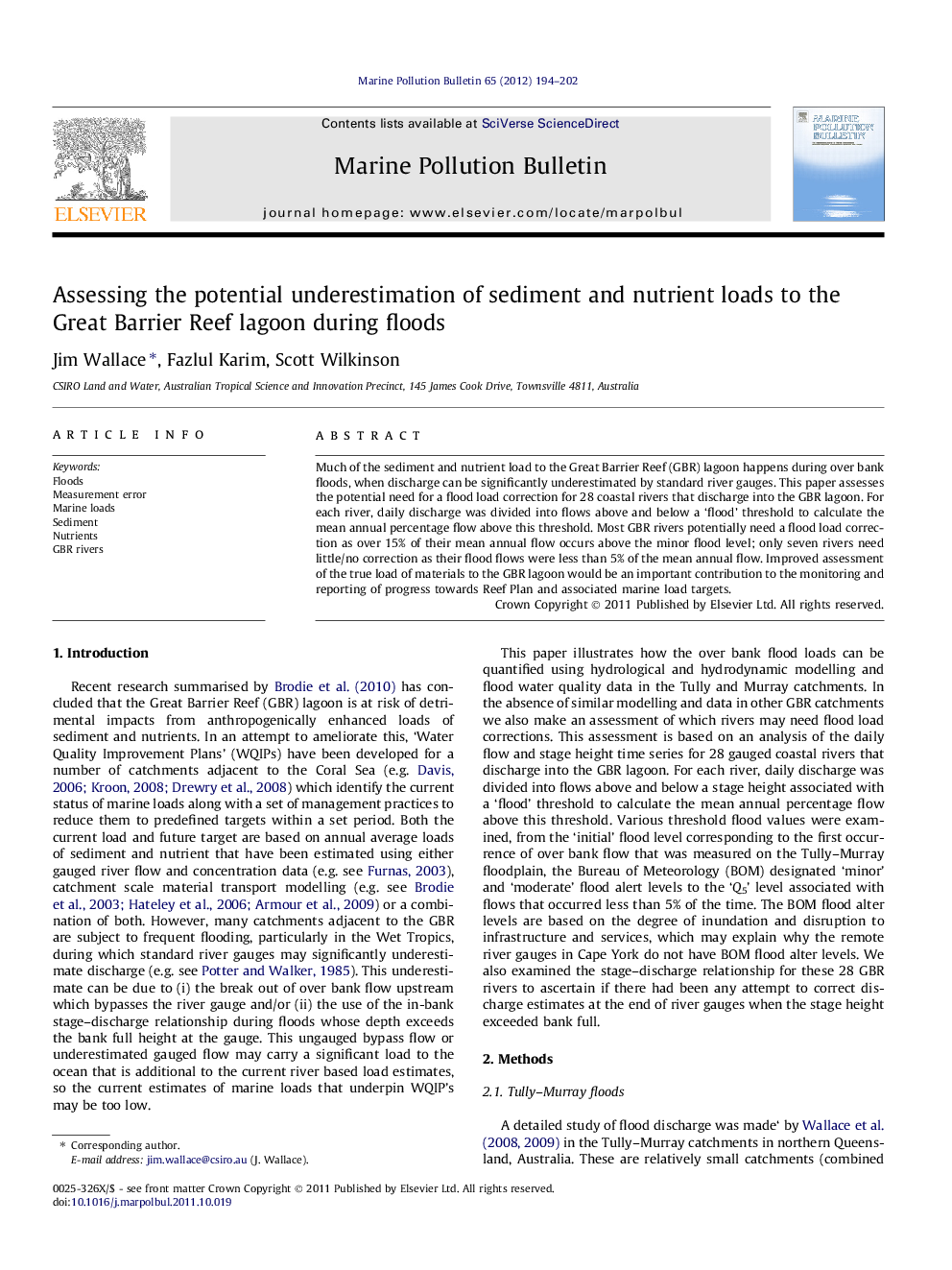 عکس صفحه اول مقاله: Assessing the potential underestimation of sediment and nutrient loads to the Great Barrier Reef lagoon during floods Assessing the potential underestimation of sediment and nutrient loads to the Great Barrier Reef lagoon during floods