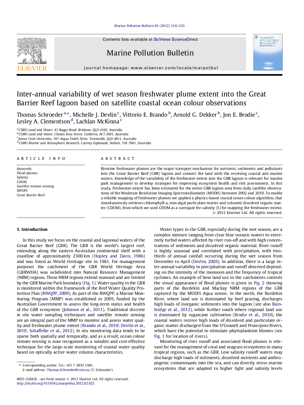 Inter-annual variability of wet season freshwater plume extent into the Great Barrier Reef lagoon based on satellite coastal ocean colour observations