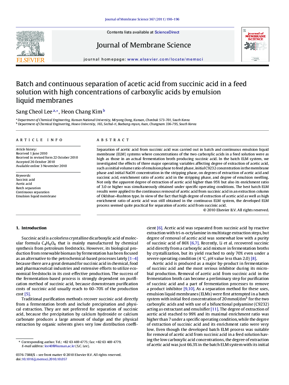 Batch and continuous separation of acetic acid from succinic acid in a feed solution with high concentrations of carboxylic acids by emulsion liquid membranes