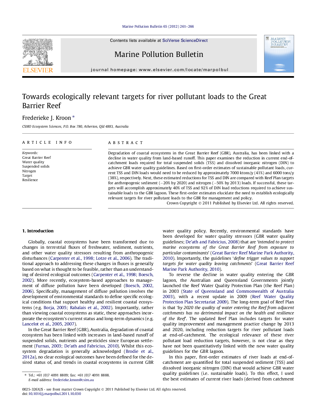 Towards ecologically relevant targets for river pollutant loads to the Great Barrier Reef