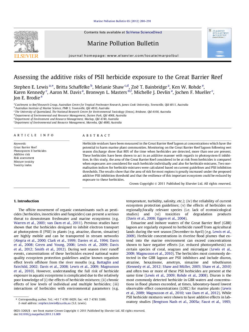 Assessing the additive risks of PSII herbicide exposure to the Great Barrier Reef