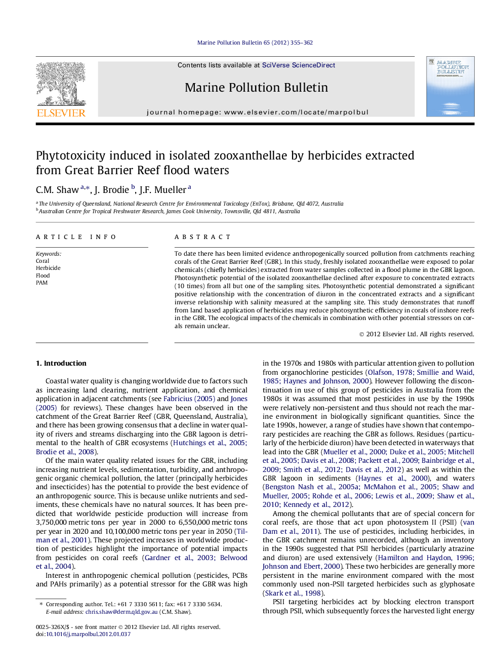 Phytotoxicity induced in isolated zooxanthellae by herbicides extracted from Great Barrier Reef flood waters