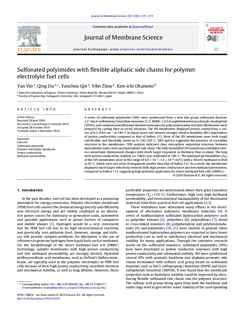 Sulfonated polyimides with flexible aliphatic side chains for polymer electrolyte fuel cells