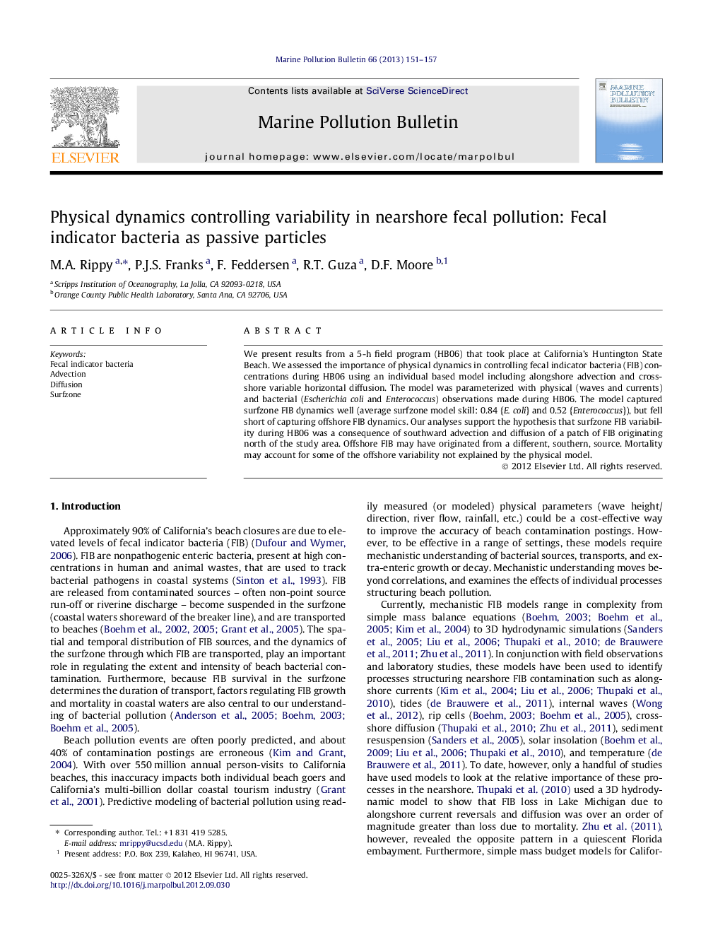 Physical dynamics controlling variability in nearshore fecal pollution: Fecal indicator bacteria as passive particles