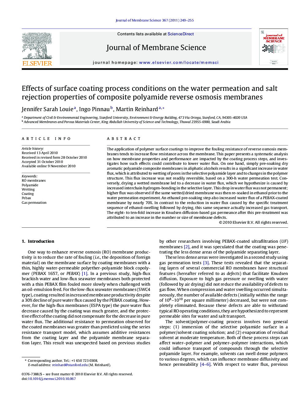 Effects of surface coating process conditions on the water permeation and salt rejection properties of composite polyamide reverse osmosis membranes