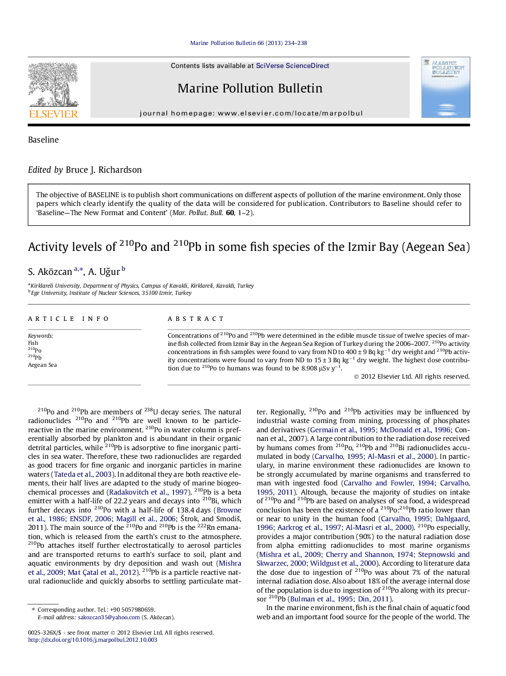 BaselineActivity levels of 210Po and 210Pb in some fish species of the Izmir Bay (Aegean Sea)