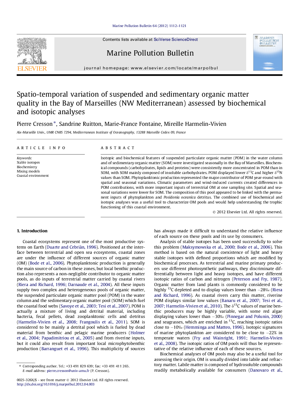 Spatio-temporal variation of suspended and sedimentary organic matter quality in the Bay of Marseilles (NW Mediterranean) assessed by biochemical and isotopic analyses