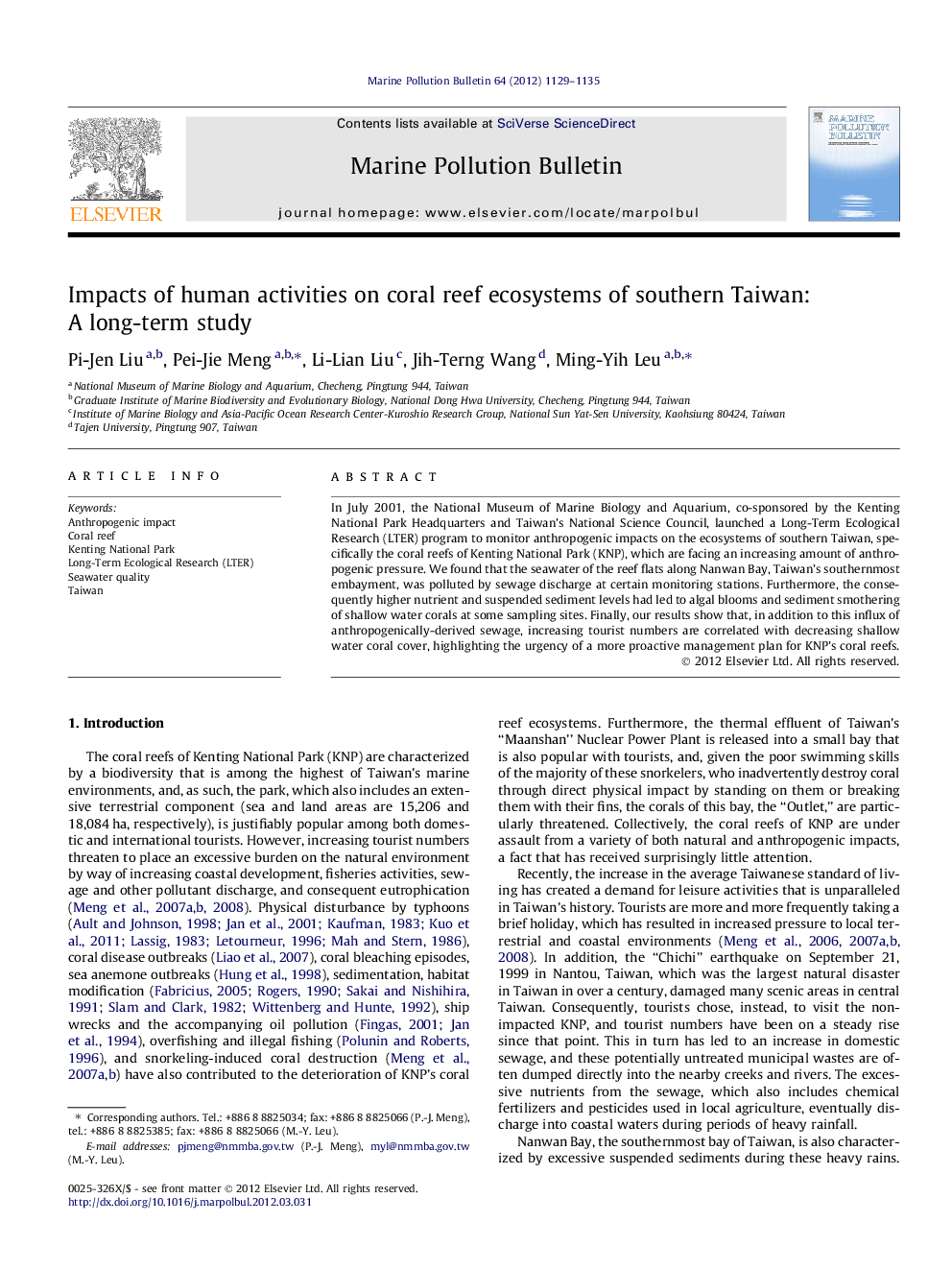 Impacts of human activities on coral reef ecosystems of southern Taiwan: A long-term study